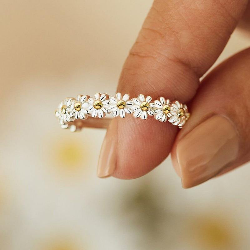 Bague Ajustable Marguerites en Argent et Émail Peint à la Main