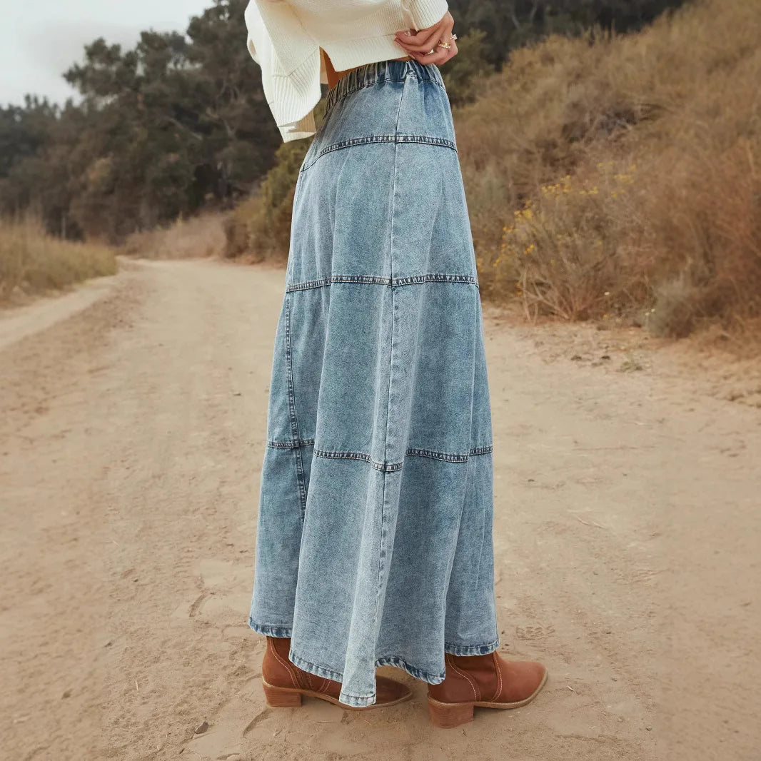 Léana™ – Jupe maxi en jean style boho pour un look fluide et décontracté