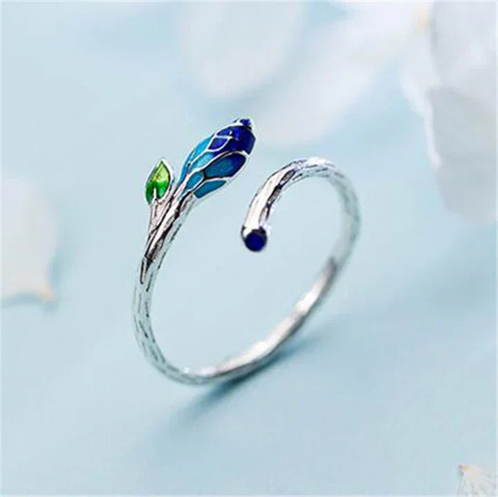 Bague à Feuille Ajustable avec Émail Bleu en Argent