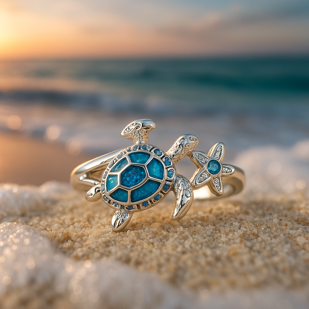 Bague en Argent avec Tortue en Opale Bleue