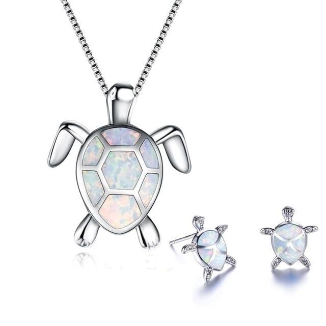 Ensemble Collier + Boucles d'Oreilles Tortue Marine en Opale et Argent