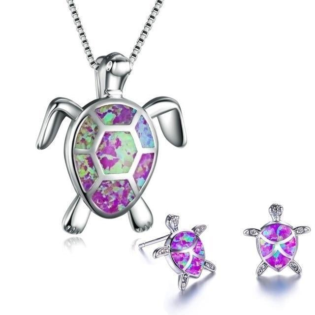 Ensemble Collier + Boucles d'Oreilles Tortue Marine en Opale et Argent