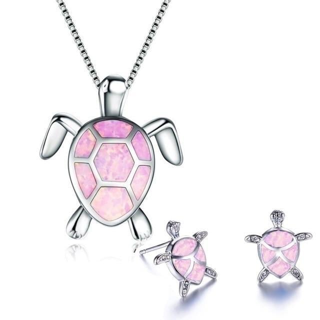 Ensemble Collier + Boucles d'Oreilles Tortue Marine en Opale et Argent