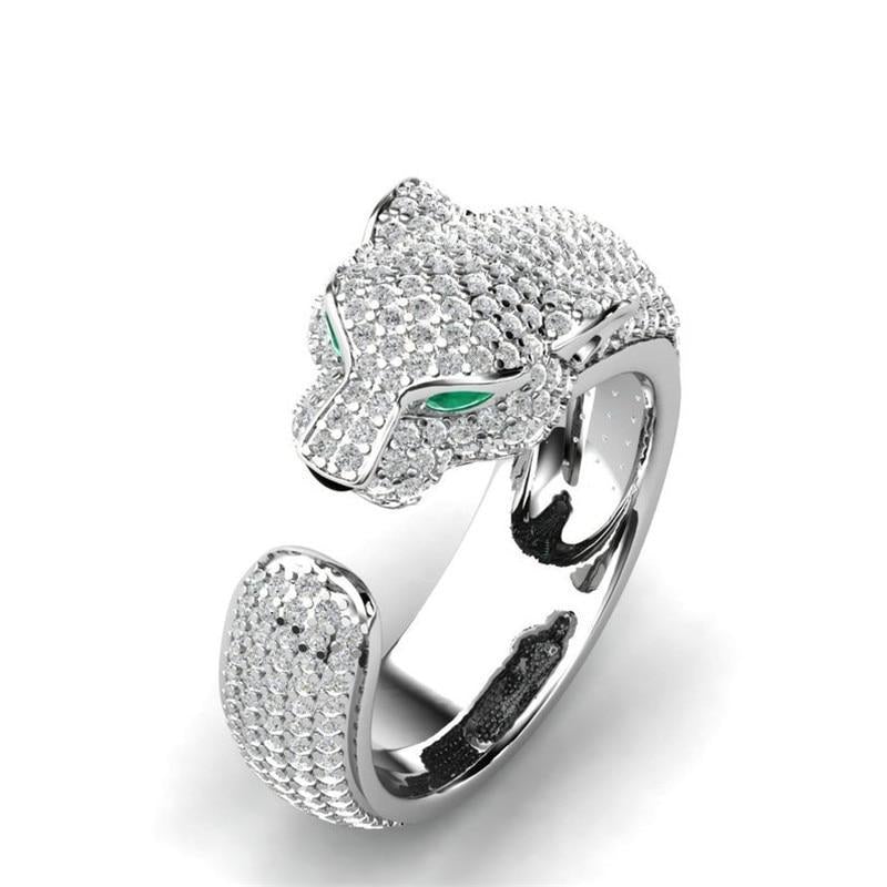 Bague Jaguar Ajustable en Argent et Or Rose de 18K avec Yeux en Zircon Vert