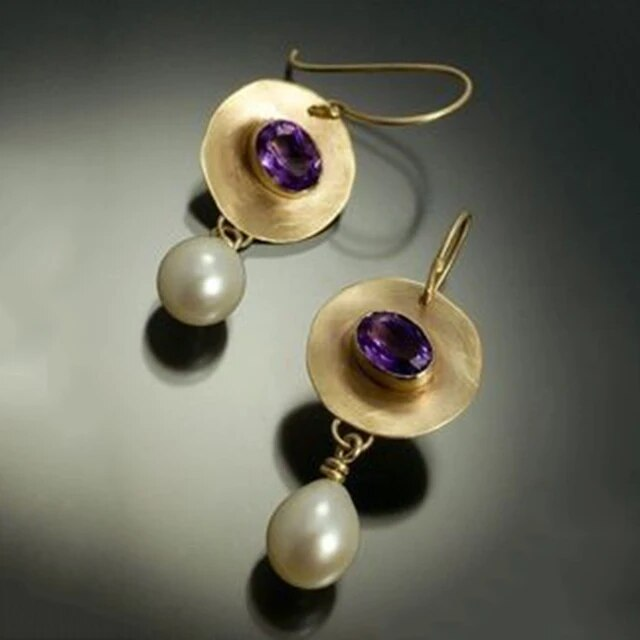 Boucles d'Oreilles Dorées Violettes avec Perles Vintage