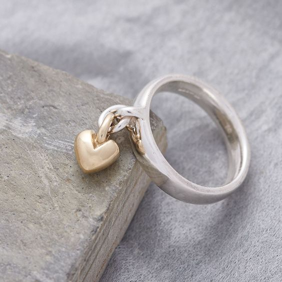 Bague en Argent Vintage en Forme de Cœur Suspendu