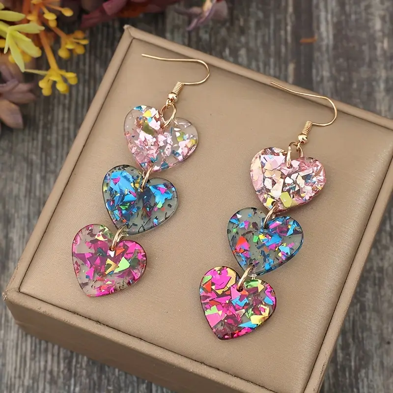 Boucles d'oreilles colorées en forme de cœur pendantes