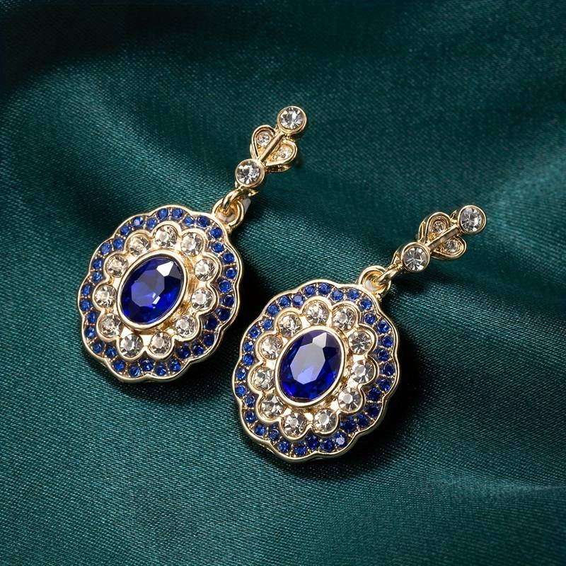 Boucles d'oreilles Mandala en Cristal Bleu sur Or Vintage