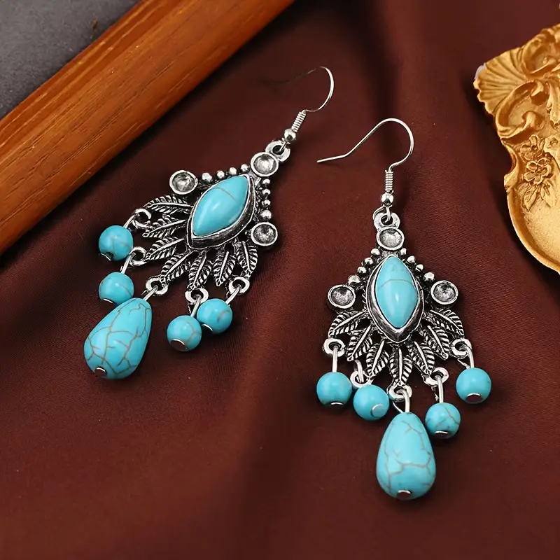 Boucles d'Oreilles Pendantes Mandala en Pierre Bleue