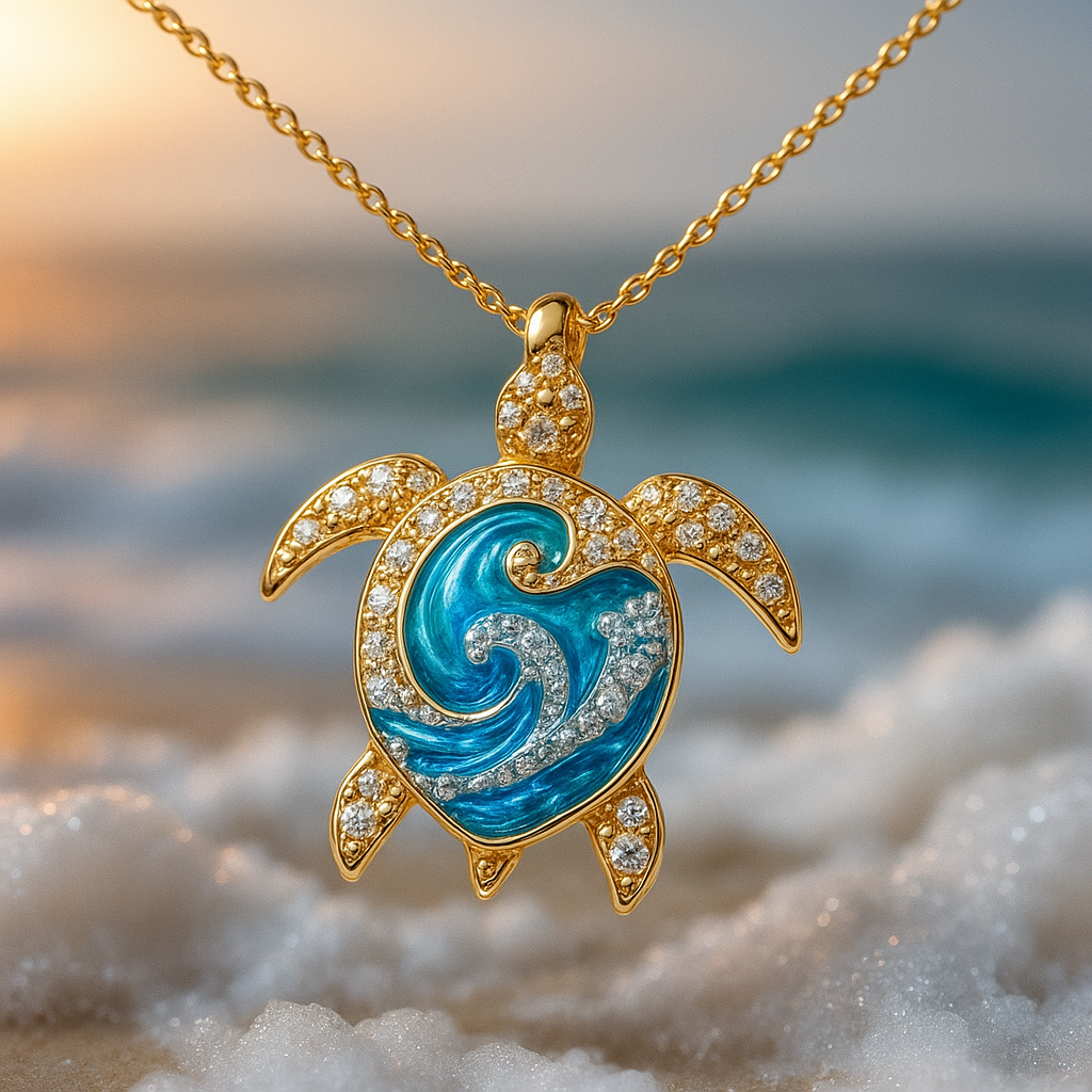 Collier Tortue Brillante en Opale Bleue et Or