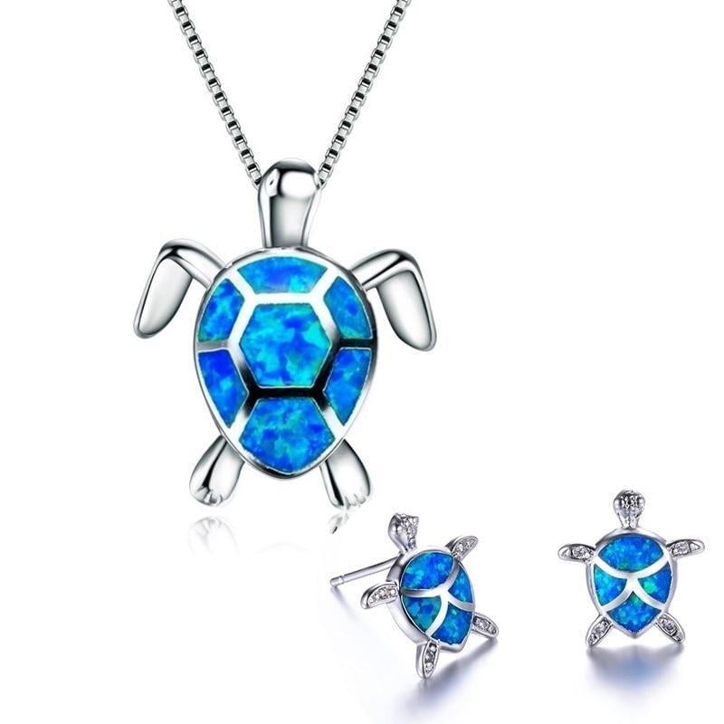 Ensemble Collier + Boucles d'Oreilles Tortue Marine en Opale et Argent