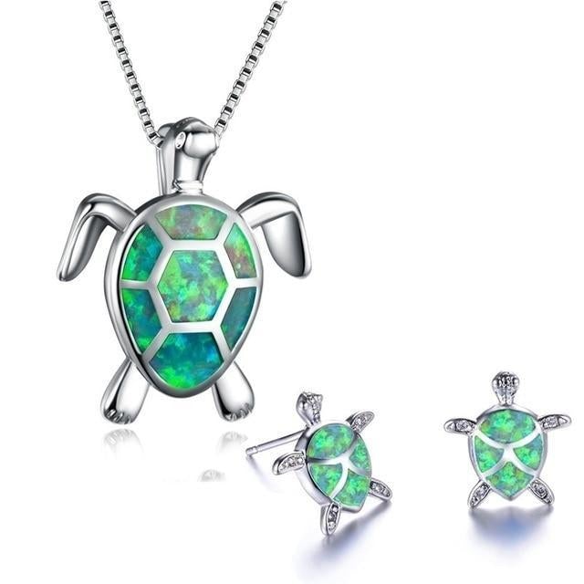Ensemble Collier + Boucles d'Oreilles Tortue Marine en Opale et Argent