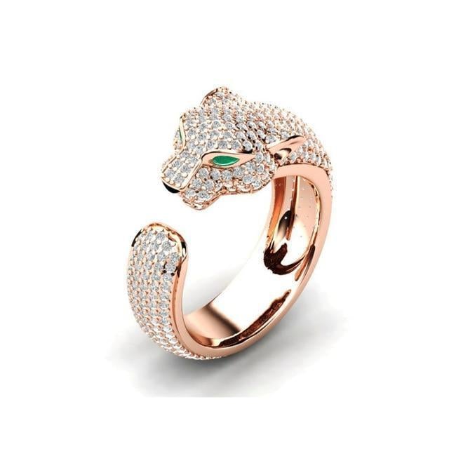 Bague Jaguar Ajustable en Argent 18K et Or Rose avec Yeux en Zirconia Vert